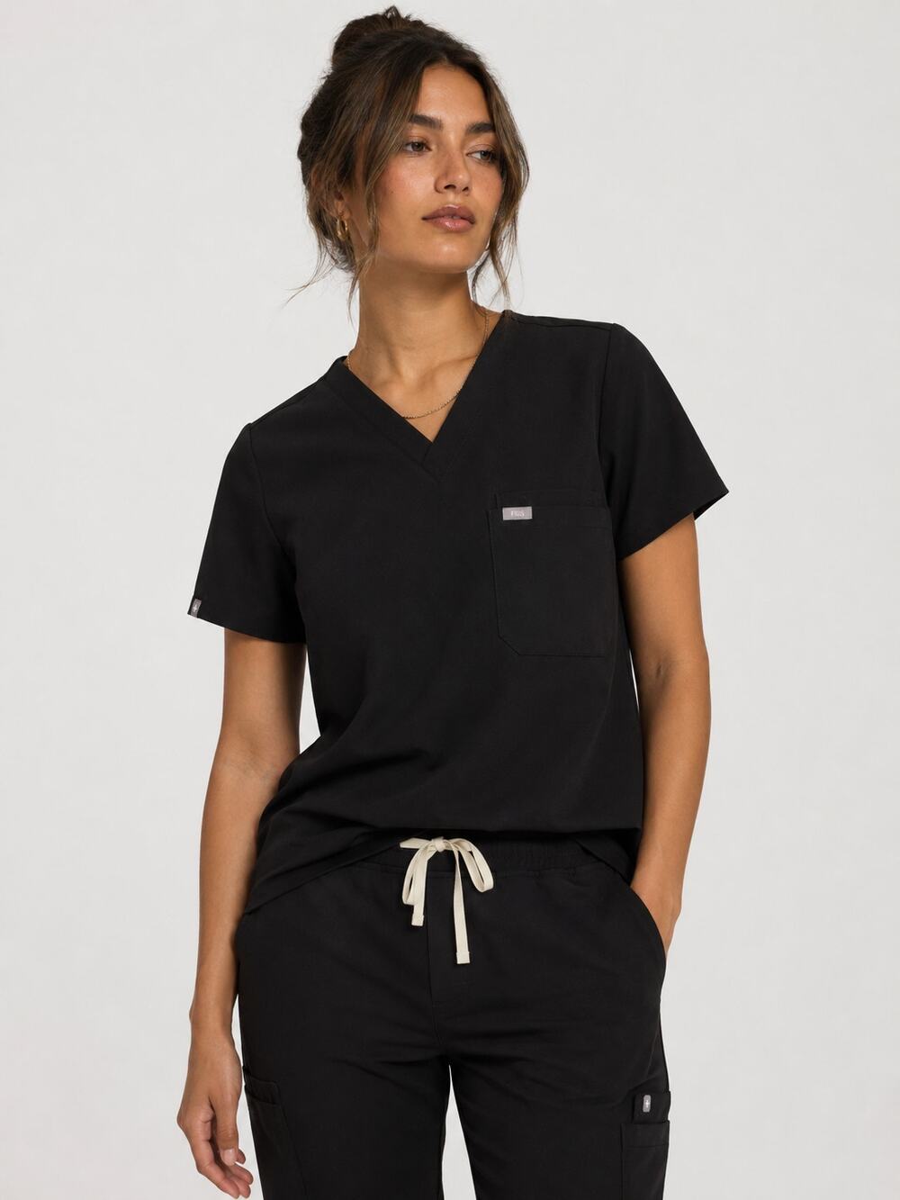 FIGS Technical Collection Scrub Top Size L Black V Neck Medical Workwear